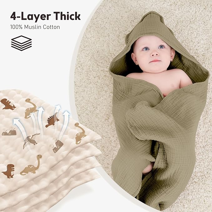 Susurration 2 Pack Thick Muslin Baby Towels, 100% Cotton Soft and Absorbent Baby Bath Hooded Towel for Newborn, Infant, Girls, Boys, Baby Essentials