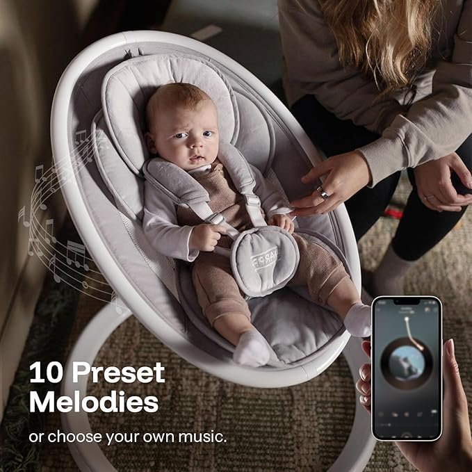 HARPPA Weddell Plus Electric Baby Swings for Infants and Newborns, Eye-Level Baby Swing 5 Speeds and Remote Control 10 Built-in Melodies, 2 Seat Positions & 180° Rotation for Indoor Use, Dove Gray