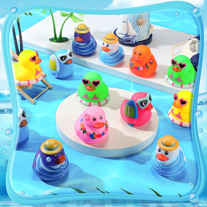 Honoson 72 Pcs Summer Beach Rubber Duckies Bulk Mini Rubber Duck Bath Toys Float Bathtub Ducky Cute Squeaky Ducky for Classroom Carnival Summer Birthday Baby Shower Party Favor (8 Colors)
