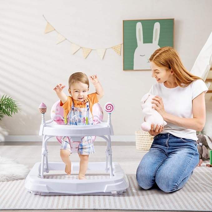 HONEY JOY Baby Walker, Foldable Toddler Push Walker with Toys, Adjustable Height, High Back Padded Seat, Infant Activity Walker with Wheels for Boys and Girls (Pink)