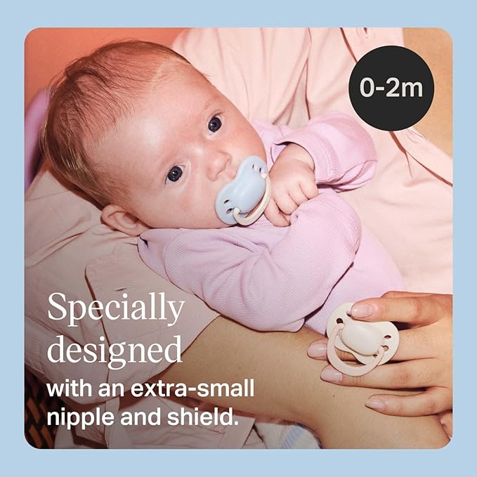 Tommee Tippee Ultimate Fit Newborn Pacifiers, 0-2 Months, Extra Air Holes, Symmetrical Nipple and Shield, 100% BPA Free Silicone, Dishwasher & Sterilizer Safe, Pale Plum and Cotton Candy, Pack of 4