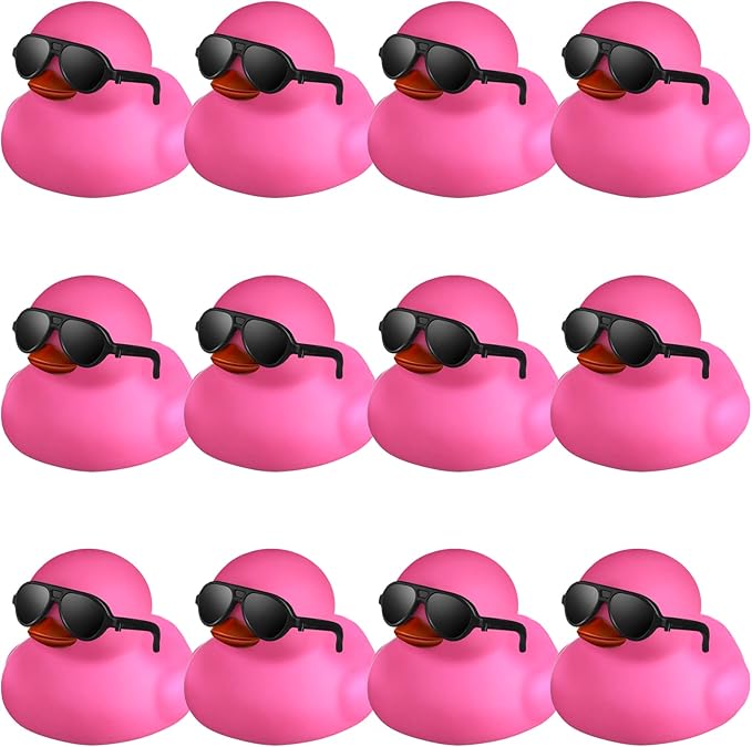 Chivao 12 Pcs Rubber Ducks with 12 Sunglasses/ Hats/ Headwear Small Mini Carnival Cruise Birthday Rubber Duckies Bathtub Toys in Bulk(Fresh Style,Black, Pink)