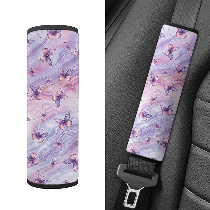 Biyejit 2PCS Seat Belt Cover for Kids, Marble Butterfly Print Car Seat Belt Pads Cover for Girls and Boys, Kid's Seat Belt Cushion, Shoulder Strap Pad
