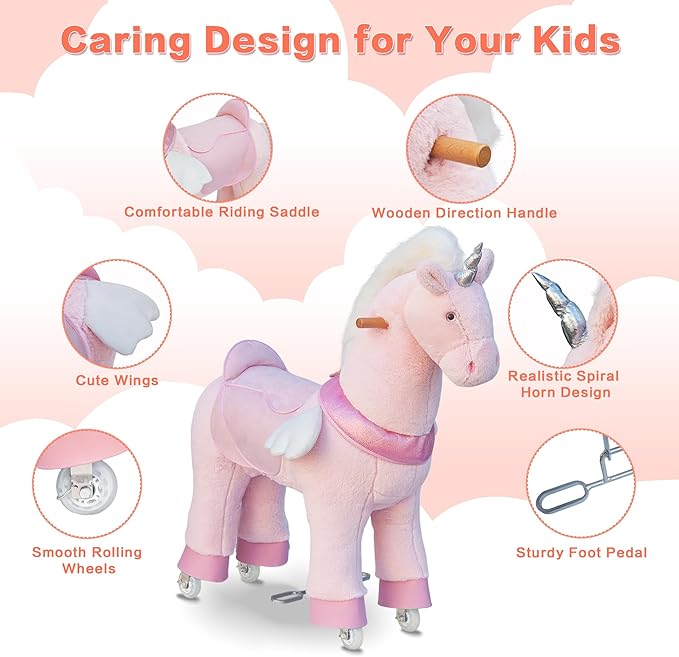 Ride on Unicorn Toys for Kids, Ride on Toy for Girls 4 to 9 Years Old, 36.6'' Height Riding Horse Rider Mechanical Walking Action Plush Animal, No Battery or Electricity, Max Load 165LBS - Pink
