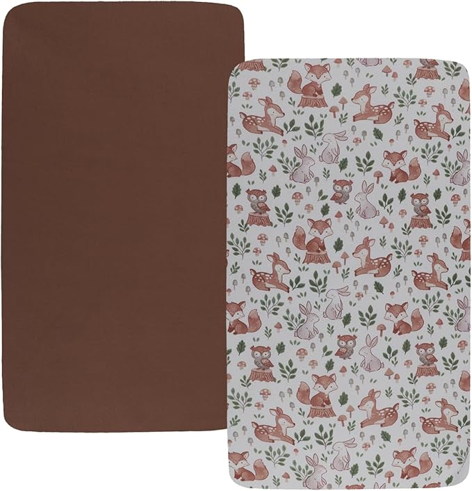 Stretchy Fitted Crib Sheets Set 2 Pack Portable Crib Mattress Topper for Baby Girl Boy,Ultra Soft Jersey Material, Brown & Fox
