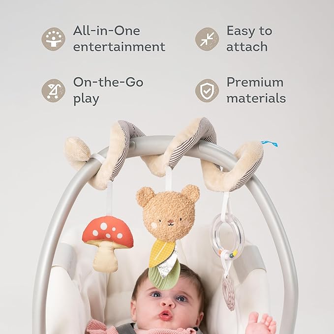 Taf Toys Bear Hug Spiral Car Seat Toy - Plush Bear & Mushroom, Colorful Teethers, Sensory Toys Soft Hanging Toys - Carseat Toys Hanging for Babies 0-6 Months - Newborn Baby Girl Boy Birthday Gifts