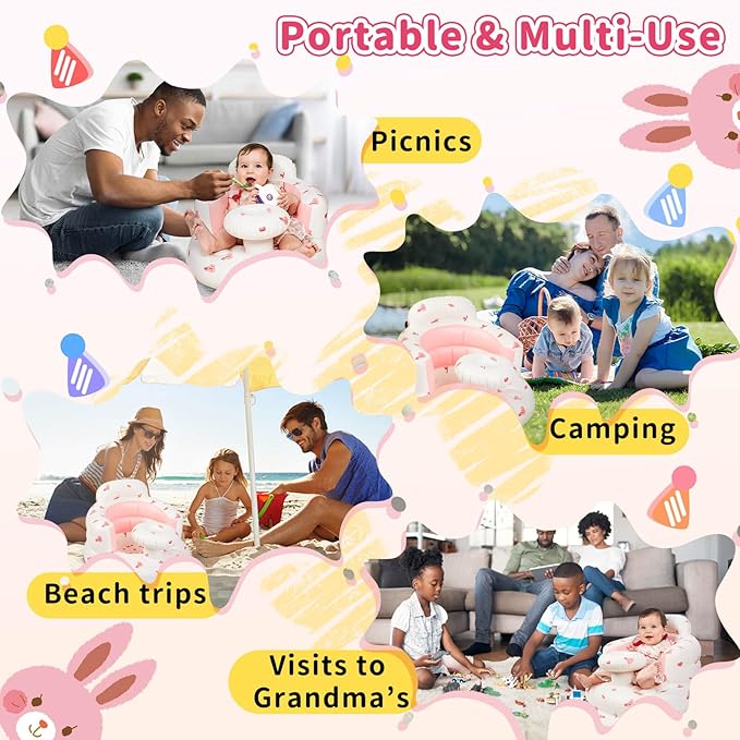 Inflatable Baby Seat for Infans for Sitting Up,Baby Chair Sit Me Up with Tray and Back Support,Learning to Sit for 4-36 Months,Includes Built-in Air Pump(Pink Bunny)