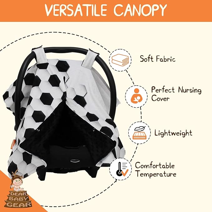 Dear Baby Gear Car Seat Canopy, Soccer Ball and Soccer Pattern on White, Black Lightweight Double Layer Dot