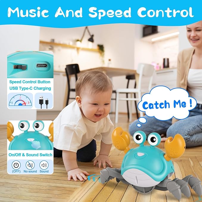 Gigilli Crawling Crab Baby Toys, Tummy Time Baby Toys 6-12-18 Month, Infant Learning Crawl Walking Dancing Crab with Music&Speed Control for 3 4 5 6+ Boys Girls Year Easter Birthday 1 2 3 Gifts