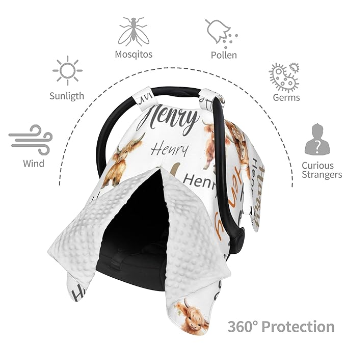 Personalized Baby Car Seat Canopy with Name Custom Minky Highland Cow Car Seat Covers Nursing Cover for Breastfeeding Multi-Use Cover Infant Carrier Carseat Winter Cover for Newborn Girls Boys
