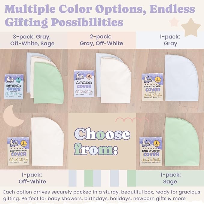 100% Waterproof Baby Lounger Cover - 2-Ply Organic Cotton Slipcovers Keep Your Lounger Clean & Your Baby Comfy - Machine Washable - (Lounger Not Included) - 3-Pack Includes Gray, Off-White & Sage