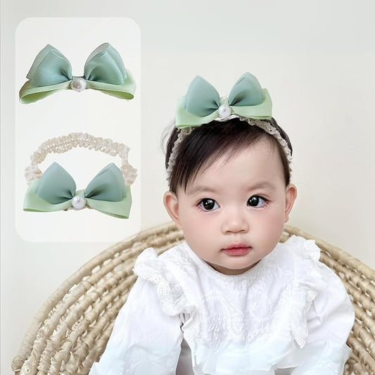 Bow Lace Headbands for Baby Girls Soft Tulle Ribbon Pearl Head Wrap Elastic Bow-knot Hair Band Shower Birthday Hair Accessory for Newborn Infant Toddler (Green C, Elastic)