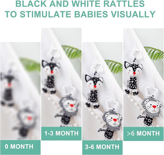 Black & White Baby Wind Chime Hanging Toys - High Contrast Rattles for Newborns 0-12 Months, Stroller & Car Seat Mobile, Hanging Rattle Toys for Babies, Clip Hanging Plush Squeeze Toys