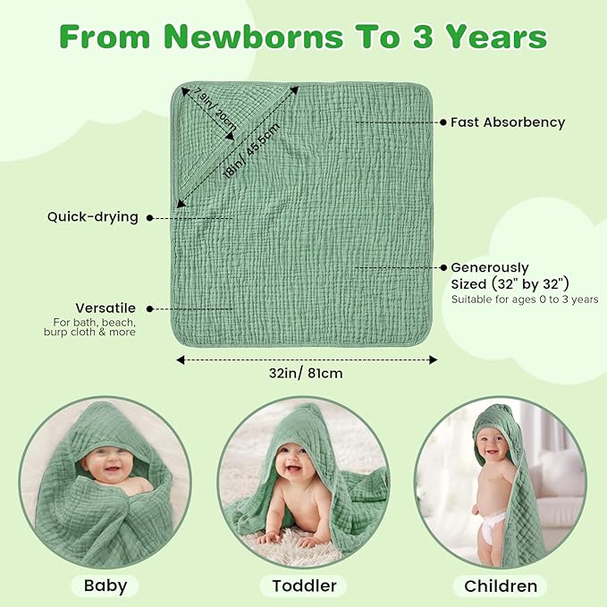 Hooded Baby Bath Towels for Newborn, 2 Pack - 6-Layer 100% Muslin Cotton, Soft Absorbent Baby Towels with Hood for Babies, Infants & Toddlers, Large 32x32 Inch Unisex Newborn Baby Bath Essentials