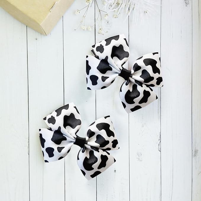 Cow Print Hair Bow Clips for Girls,Cute Moo Cow Hair Barrettes Hand-made Grosgrain Ribbon Hair Bows Pink Cow Bow Alligator Clips Hair Accessories for Toddlers Baby Little Girls Kids Teens (4Pcs Black)