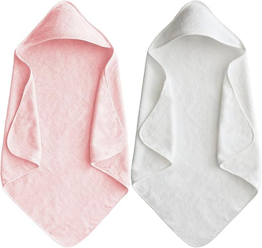 Baby Hooded Bath Towel 31.5"x31.5" Ultra Absorbent Cloud-Soft Cozy Coral Fleece, for Newborn Infant Toddler Up to 3 Years, Unisex Bathrobe Blanket 2PCS(White Pink)