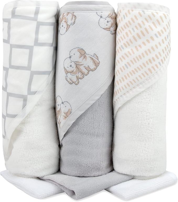 Hooded Baby Bath Towel and Washcloth 6 Piece Set for Newborns Infants & Toddlers, Boys & Girls Baby Hooded Towels (Puppies & Patterns)