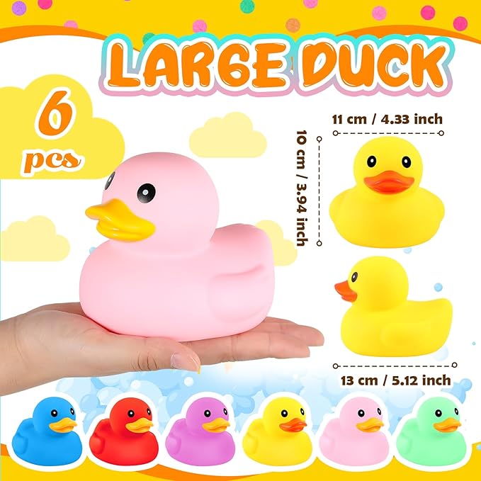 Deekin 6 Pcs 5 Inch Multicolor Large Rubber Duck Assortment Toy Duckies Bulk Giant Squeak Rubber Duckies for Kid Baby Bath Shower Pool Classroom Summer Beach Activity