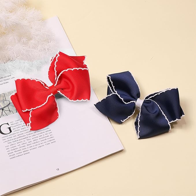 5 Inch Girls' Grosgrain Hair Bow, Alligator Clips Hair Barrettes, Moonstitch Edge Hair Bows (Red + Naive Blue)