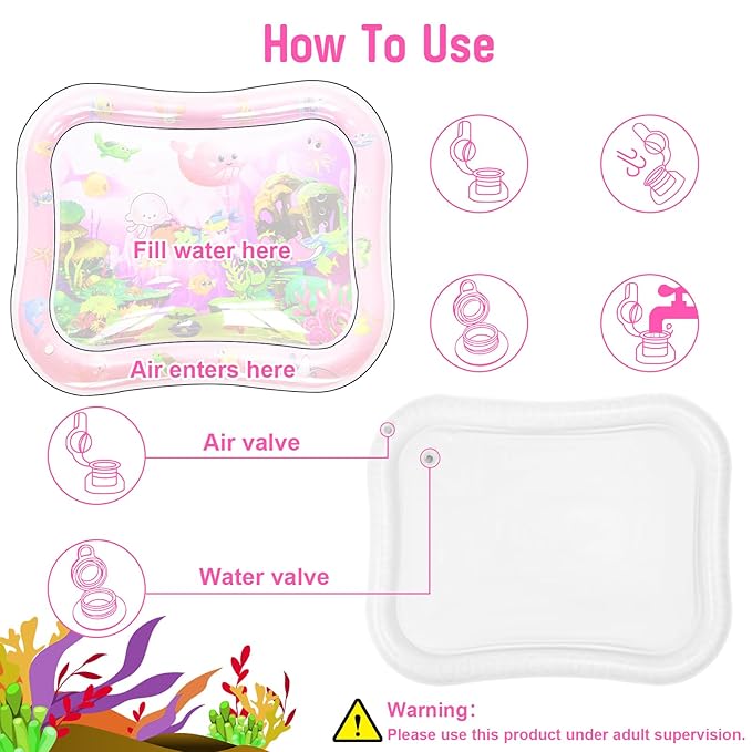 Baby Water Mat Large 37.4"x29.9", Safe Inflatable Tummy Time Water Play Mat for Infants & Toddlers with Climate Pledge Friendly, Newborn Sensory Water Pad for Christmas Gift (Pink)