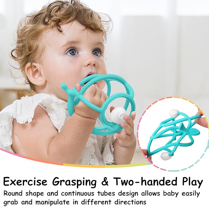 Mombella Teething Toys 6-12 Months, 2 in 1 Snail Baby Teether & Rattle Toys 3-6 Months, Silicone Infant Teethers for Babies 12-18 Months, Newborn Sensory Teething Toys, BPA Free Baby Chew Toy, Teal