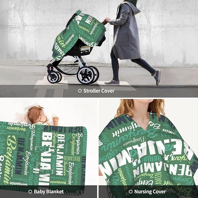 Personalized Baby Car Seat Canopy for Boys & Girls, Custom Name, Green, Water Repellent, Universal Fit, Polyester