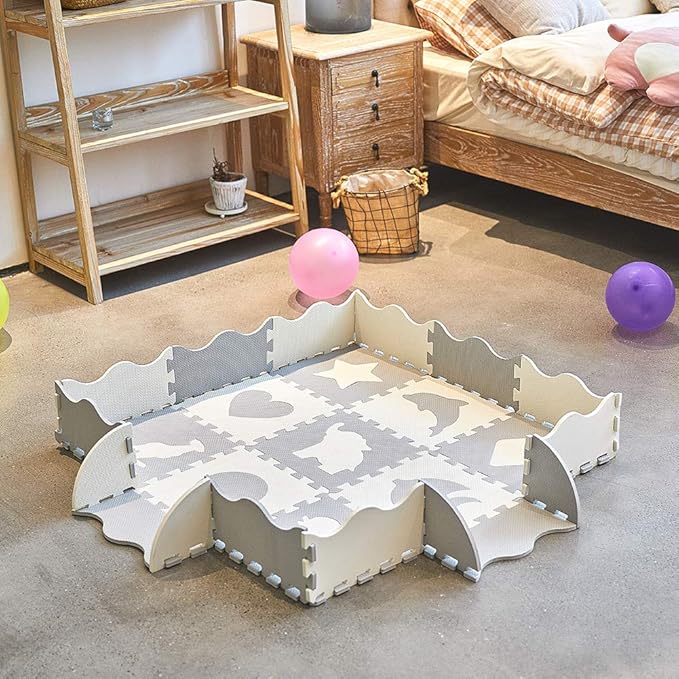 SUPERJARE 25 Pieces Baby Play Mat, Thick Interlocking Foam Floor Tiles with 9 Patterns, Non Toxic Crawling Mat for Playroom & Nursery, Neutral Color for Infants, Baby & Toddler