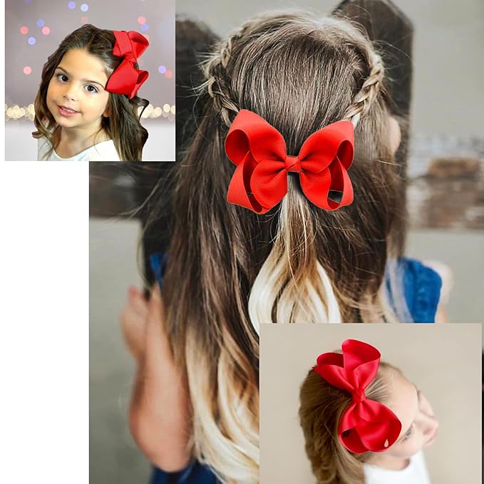 2 PCS 6inchs Hair Bows for Girls Grosgrain Ribbon Hair Bow Alligator Clips Hair Accessories for Baby Girls Toddlers(Red)