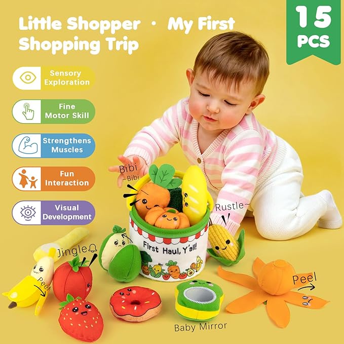 Montessori Toys for 1 Year Old – My First Shopping Trip Baby Sensory Toy, Color Sorting Play Food with Crinkle & Rattle, Fine Motor Skills Learning Gift for 1 2 3 Year Old Boy Girl Birthday Christmas