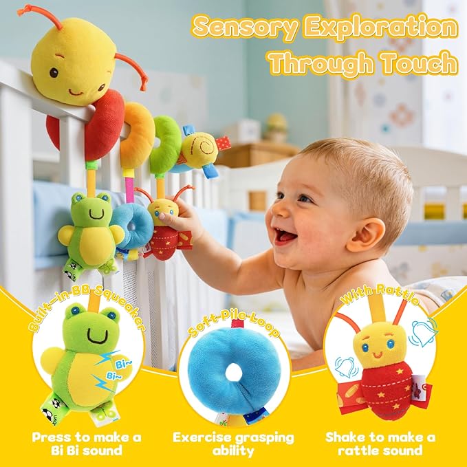 FPVERA Car Seat Toys for Babies 0-6 Months, Hanging Carseat Toys for Infants 0-12 Months, Spiral Plush Caterpillar Sensory Stroller Toy with Rattles for Baby Essentials Newborn Boy Girl Shower Gifts
