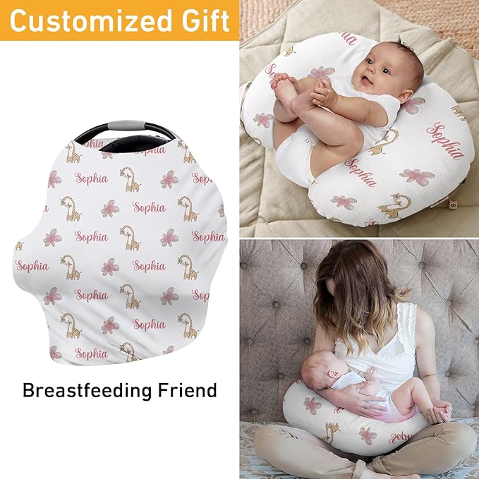 Personalised Infant Car Seat for New Parents - Baby Carseat Cover, Breast Feeding Pink Giraffe Print Cover, Multi -Function pad for Boys Girls Toddlers - Christmas Gifts for Parent Babies(27"x29")