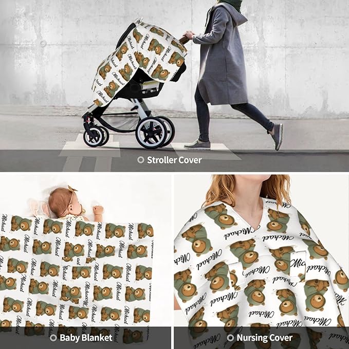 Personalized Baby Car Seat Canopy for Babies with Name, Custom Car Seat Covers for Boys Girls, Infant Opening Minky Nursing Breastfeeding Stroller Cover Carseat Canopies for Newborn (Cute Bear)