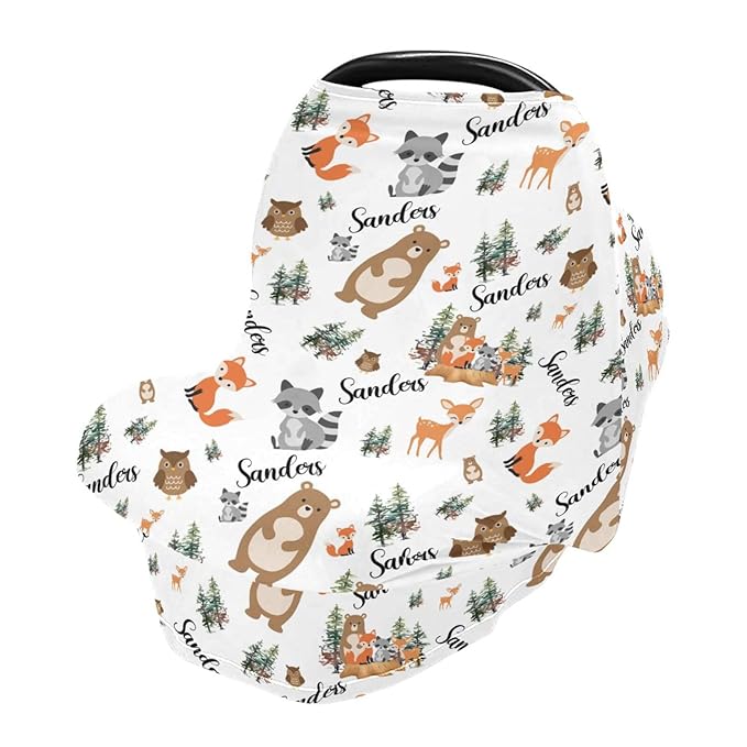 Personalized Baby Car Seat Cover for Boys Girls, Custom Woodland Animals Nursing Covers for Breastfeeding with Name, Infant Stroller Cover, Baby Carseat Canopy for Newborn, Multiuse Car Seat Canopies
