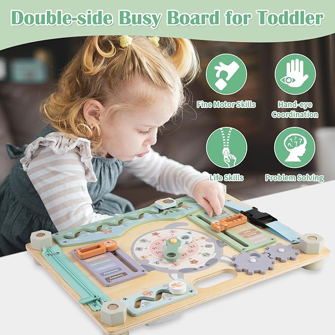 Double-Sided Wooden Busy Board for Toddlers, Sensory Activity Board, Montessori Travel Toy for Kids, Educational Toy for Autism, Ideal Choice for Baby Girls or Boys Birthday