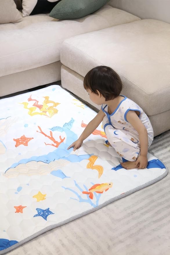 TADO MUSLIN Baby Play Mat 50x50 Inch, Thickened Soft Floor Mat for Playpen, Machine Washable Foam Crawling Mat with Non-Slip Bottom for Babies and Toddlers, Foldable Padded Playmat