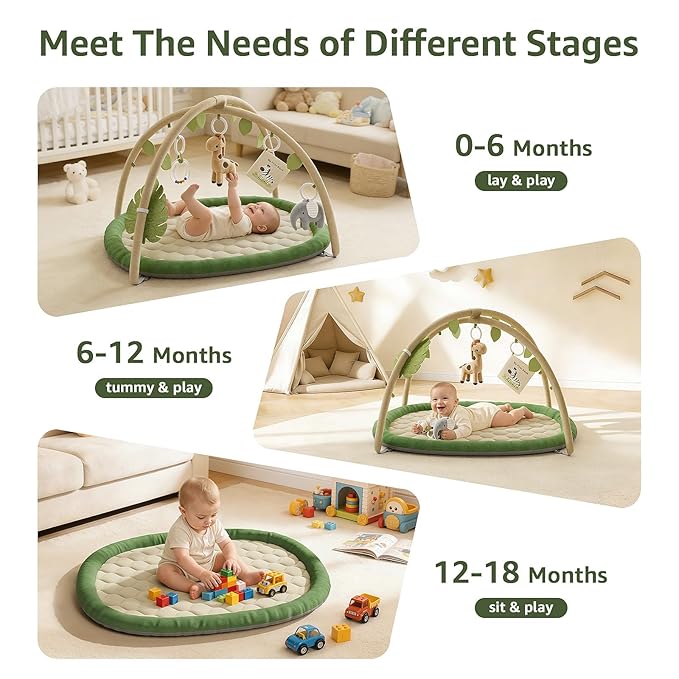Baby Play Gym & Activity Mat, Baby Play Mat with 5 Detachable Toys, Promotes Motor Skills & Sensory Development, Tummy Time Mat for Baby to Toddler, Baby Essentials Shower Gift, Green