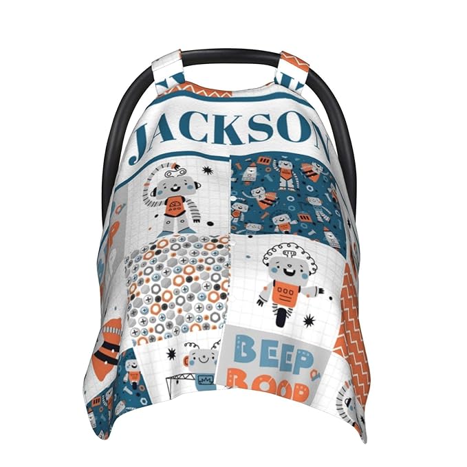 Personalized Baby Car Seat Canopy for Boys Girls, Custom Name Baby Car Seats Covers for Babies, Opening Minky Nursing Breastfeeding Stroller Cover Infant Carseat Canopies for Newborn (Robot)