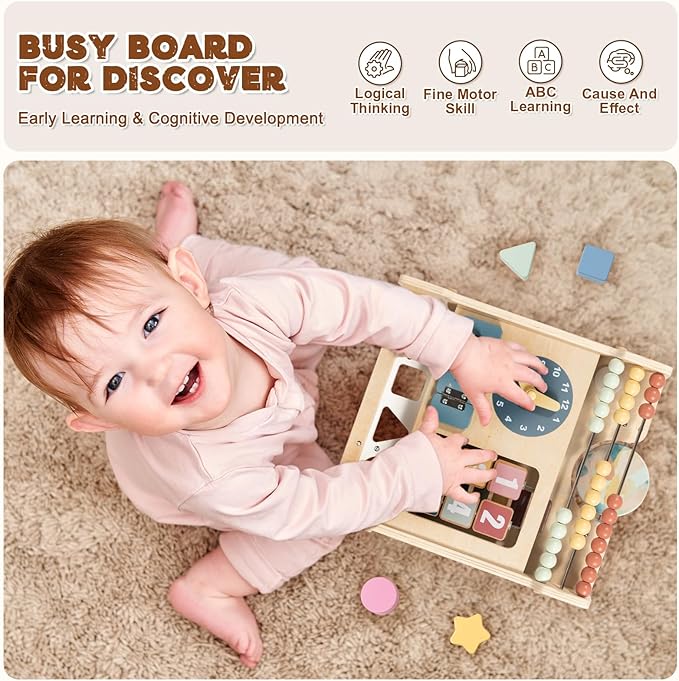 LOL-FUN Wooden Baby Walker with Double-Sided Busy Board, Push Walker for Baby with Adjustable Speed Wheels, Activity Learning Walker for Boys 12 Months