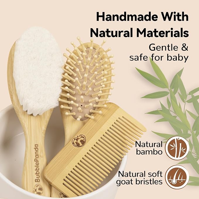 BubblePanda Baby Hair Brush and Comb Set – Ultra Soft Goat Hair Bristles, Natural Bamboo Baby Brush for Cradle Cap, Gentle Grooming Kit, Baby Registry Gift, for Newborns & Toddlers