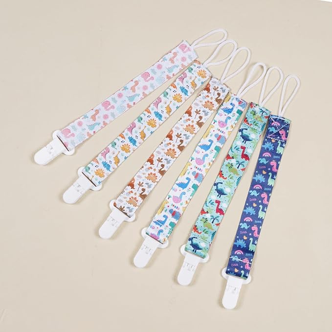 Baby Pacifier Clip,Paci Leash Binky Clips for Baby Boys and Girls,Newborn Essentials,Pack of 6 Gift Set. (Dinosaur)