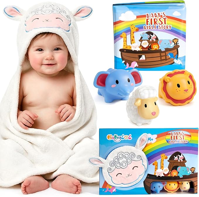 Noah's Ark Baptism Gifts, 7-Piece Christening Gift Set with Hygienic Sealed Bath Toys, Soft Hooded Lamb Towel, Storybook & Washcloth for Newborn Dedication, Baby Shower & Religious Gift