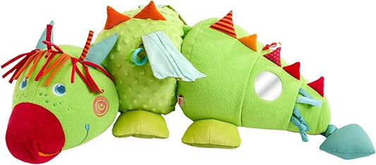 HABA Rudy 2012334001 Soft Toy Dragon with Acoustic and Tactical Elements, Rattle, Squeaker and Mirror, Soft Toy for Children from 6 Months