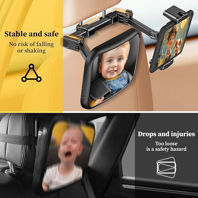 Baby Car Mirror for Baby Rear Facing - Infant Back Seat Mirrors With Holder and Hooks for Fixed Headrest Safety Large Wide Adjustable Auto Rearview, 2 In 1