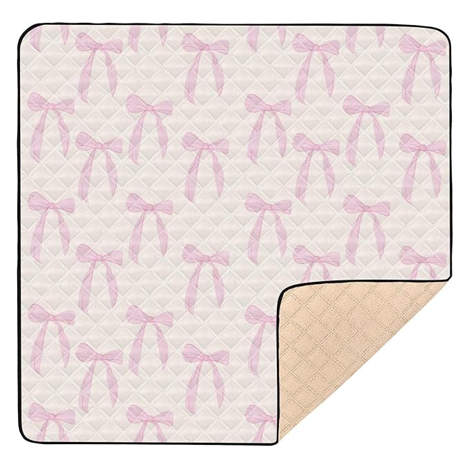 Baby Play Mat Coquette Bows Cute Pink 50 x 50 Playpen Mat Baby Play Mats for Floor Play Gym Crawling Mat Non-Slip Cushioned Baby Playmat for Infants, Babies, Toddlers