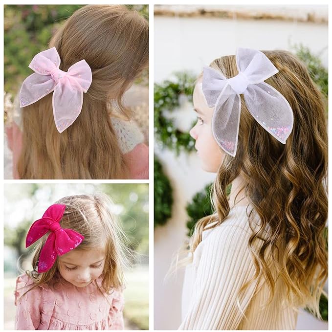 6 PCS Tulle Hair Bows for Girls, CN Toddler Bows with Glitter Star Alligator, Colorful Hair Barrettes Wedding Hair Accessories for Baby Girls Infants Toddler Teens Party (Type B)