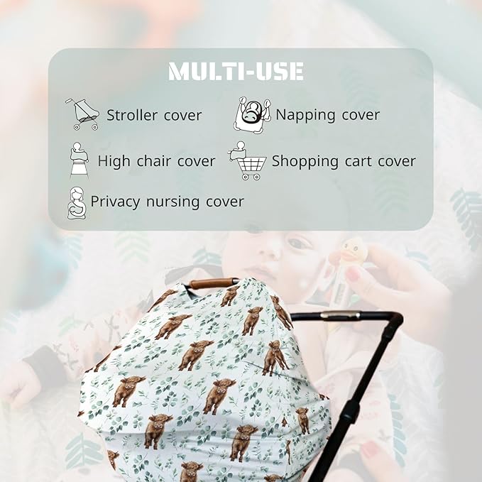 HawSkgFub Highland Cow Eucalyptus Leaf 5-in-1 Car Seat Cover for Baby Boy Cow Lover Gift, Western Cowboy Privacy Breastfeeding Nursing Cover, Newborn Infant Multi-use Carseat Canopy Carrier