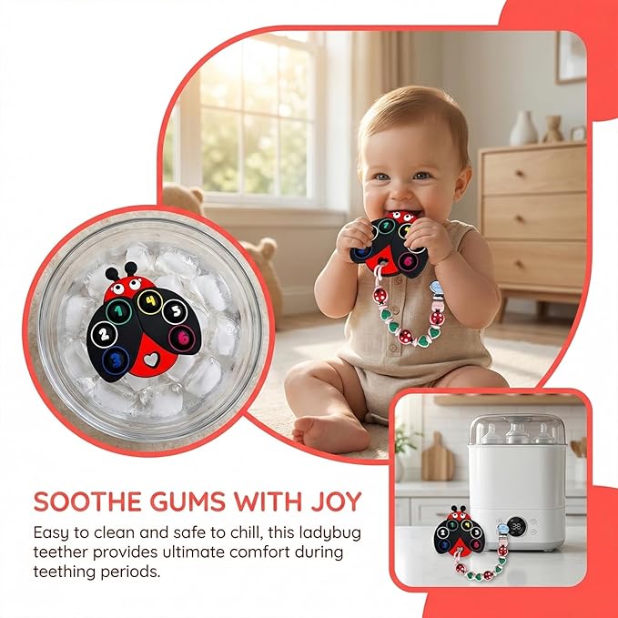 BIGSPINACH Teething Toy & Pacifier Clip Set,Ladybug Pop-It Teether & Pacifier Hold,Multi-Textured Chew Toy with Number Buttons for Early Learning, Baby Teething Relief (Black+Pink)