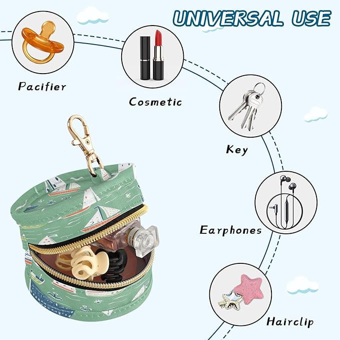 Pacifier Holder with Clip Pacifier Case for Diaper Bag Round Baby Pacifier Pouch Box Bag Portable Green Sailboat and Anchor 01