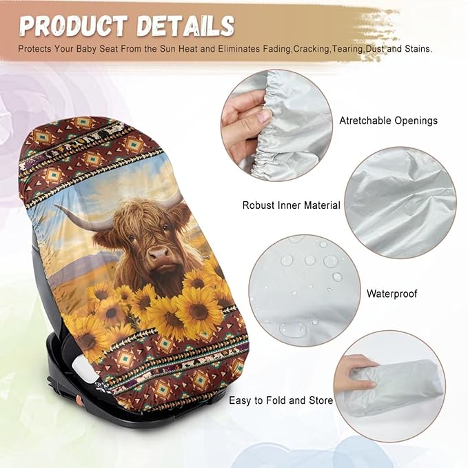 Car Seat Protector Baby Car Seat Sun Shade Cover, Keeps Baby's Carseat at Cooler Temperature, Blocks Out Heat & Sun UV Covers, Universal Toddler Car Accessories, Highland Cow Aztec Sunflower