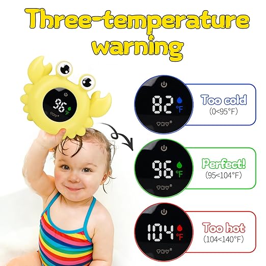 Crab Baby Bath Thermometer Toy - Digital Floating Water Thermometer with LED Display, Color Temperature Alerts & Safe Bath Sensor for Newborn, Infant Bathtub Essentials